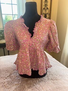 Free the Roses Pink Floral Ruffle Peplum Blouse